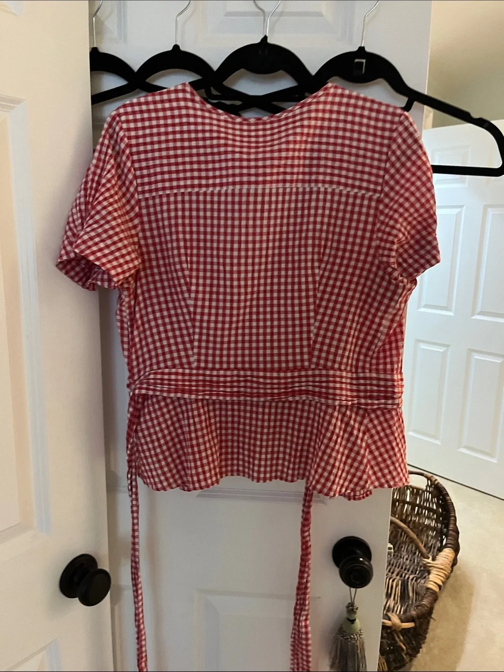 Madewell Red & White Gingham Wrap Blouse